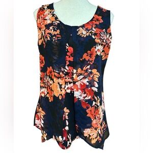 Roz & Ali Floral Navy/Orange Tank w Sheer Overlay Scoop Neck Dressy EUC Size S
